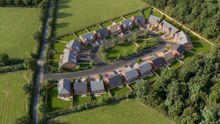Elevated aerial CGI of a residential cul-de-sac, Greater London fringe