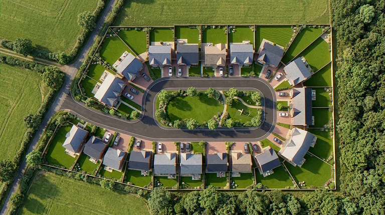 Bird's-eye aerial CGI of a residential development, Greater London fringe