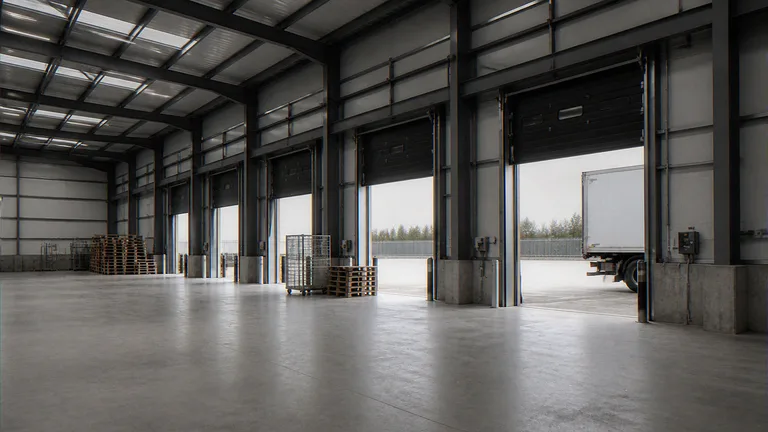 Commercial CGI of the same logistics warehouse looking toward the portal frame and open docks