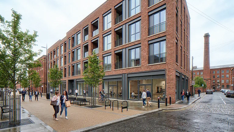 Commercial CGI of a mixed-use brick development with retail frontage and upper-floor balconies