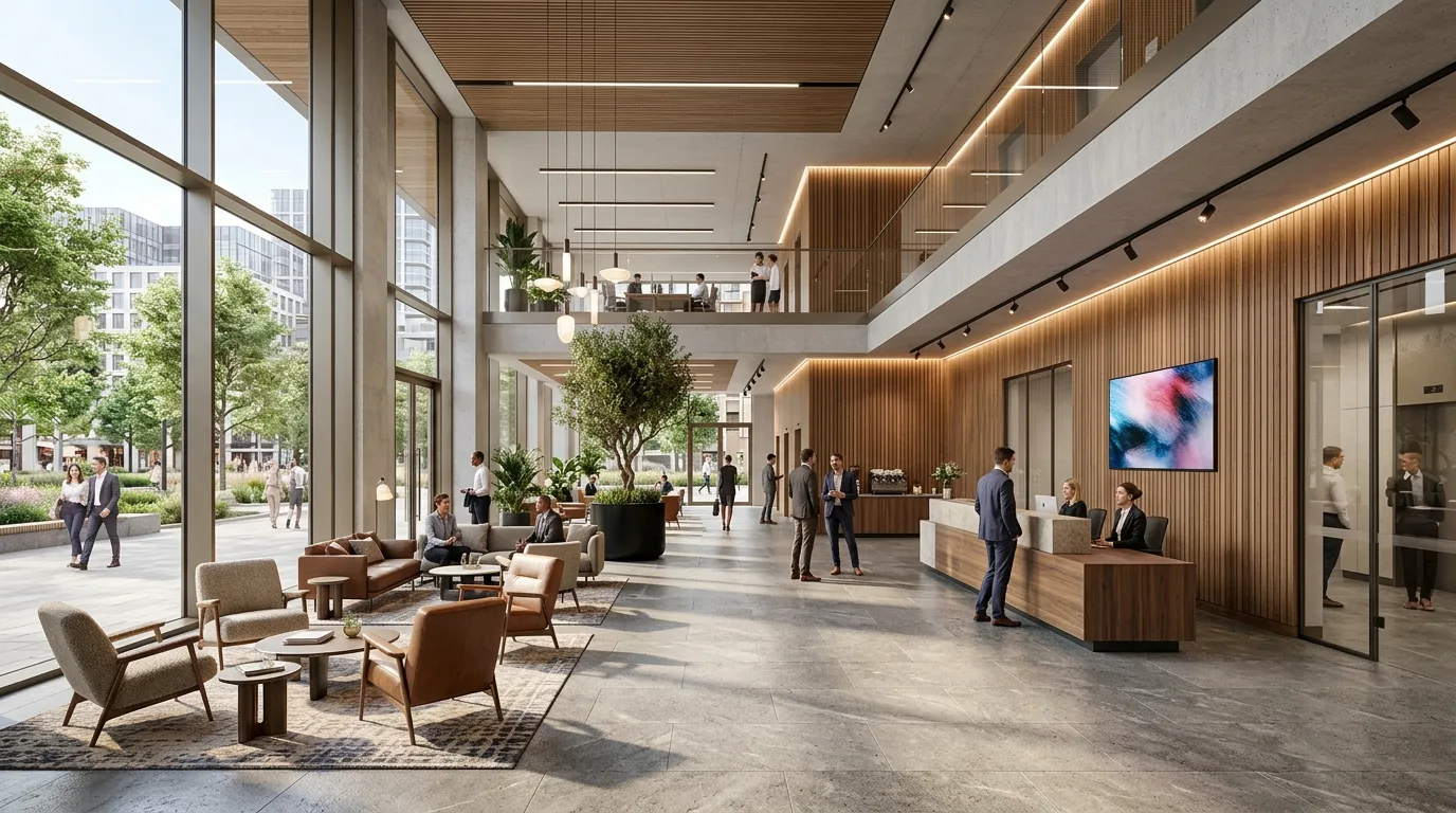 Commercial office lobby CGI with reception desk and timber wall panels