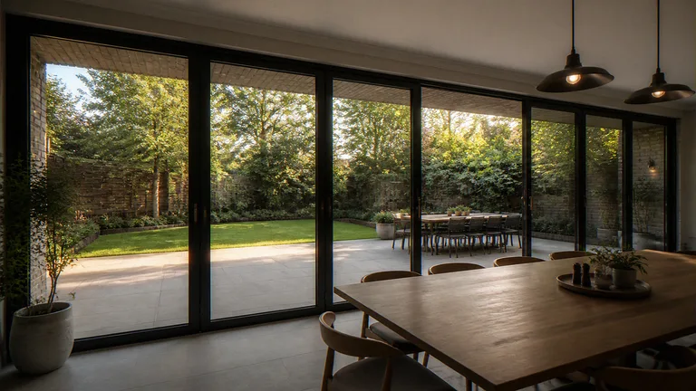 Extension CGI of a large London house rear addition looking out through the garden doors onto the patio