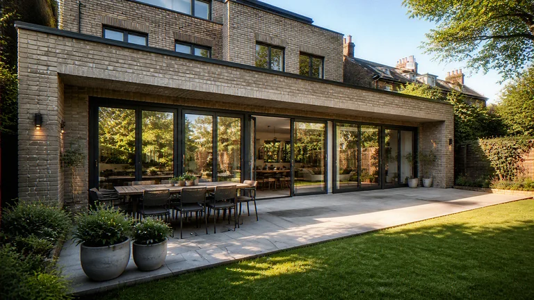 Extension CGI of a large London house rear addition looking along the patio at the garden doors and the wide return