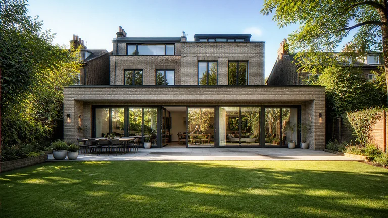 Extension CGI of a large London house rear addition looking from the garden toward the wide garden doors