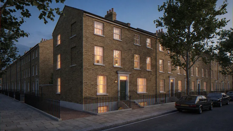 Dusk exterior CGI of a London terrace, window light in sash windows