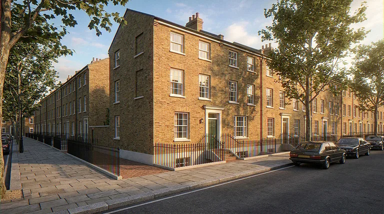Street-level exterior CGI of a London terrace, stock brick and sash windows