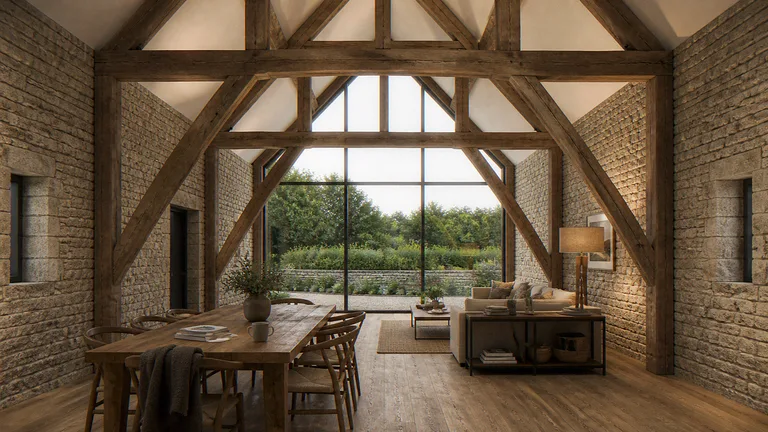 Heritage conversion CGI of the same listed stone barn looking toward the truss and glazed end