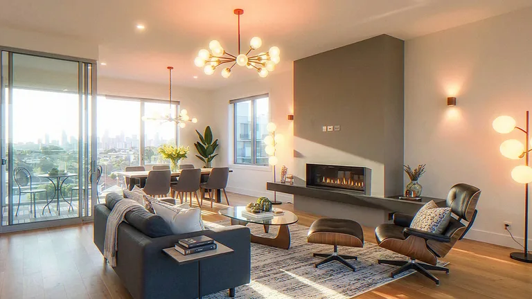 Interior CGI of the same high-rise living room, linear fireplace and floor-to-ceiling balcony doors
