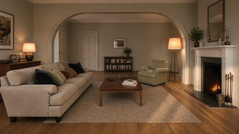 Interior CGI of a Manchester terrace sitting room looking toward the fireplace through a party-wall arch