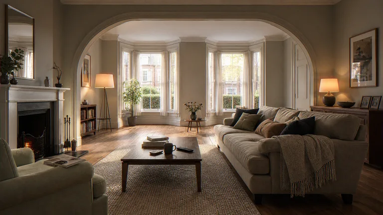 Interior CGI of a Manchester terrace sitting room looking through a party-wall arch toward two bay windows