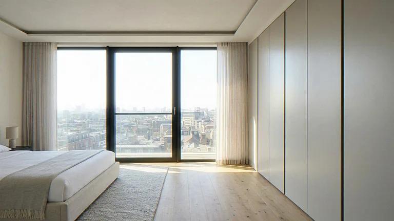 Interior CGI of the same new-build apartment bedroom, handleless wardrobe run and plank floor