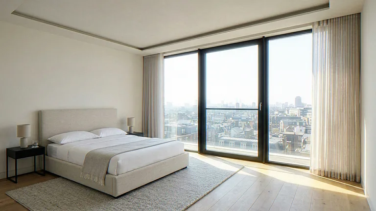 Interior CGI of a new-build apartment bedroom, full-height glazing and city view