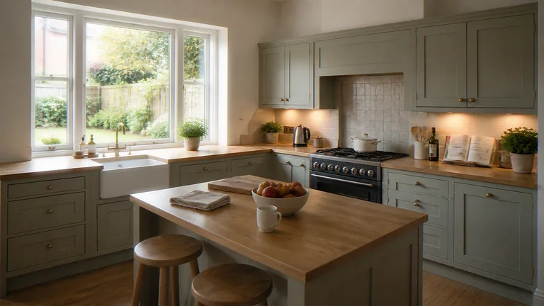Interior CGI of a Shaker kitchen looking toward the garden casement over the sink