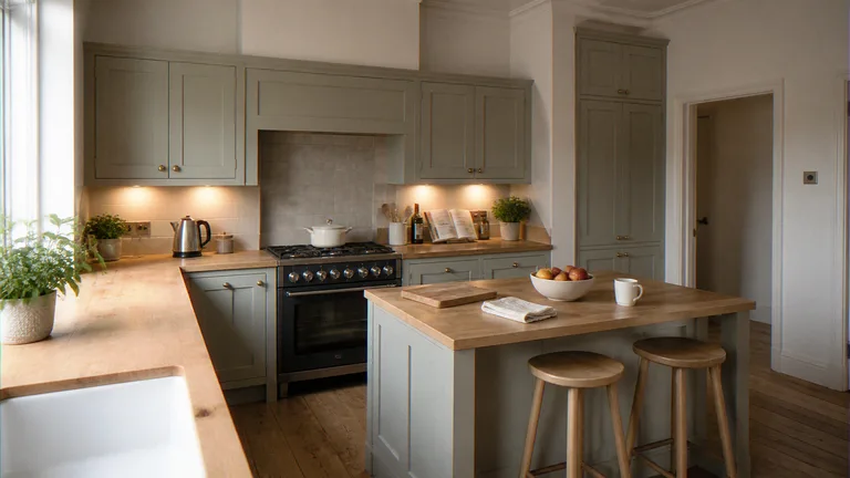 Interior CGI of a Shaker kitchen looking toward the oak island and painted joinery