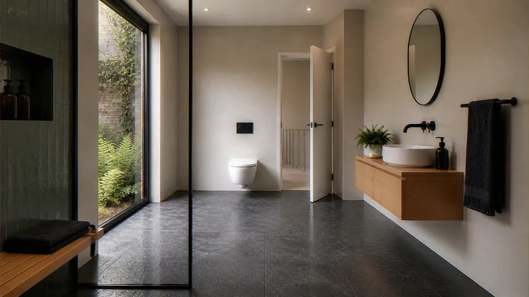 Interior CGI of the same walk-in wet room, oak vanity and garden window