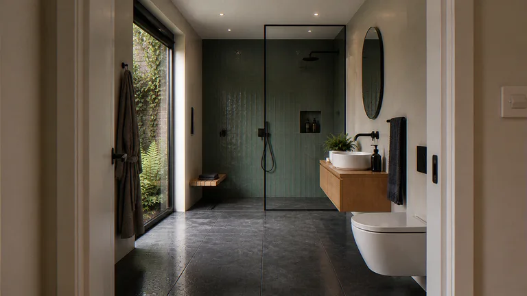 Interior CGI of a walk-in wet room, green tile shower, oak bench and garden window