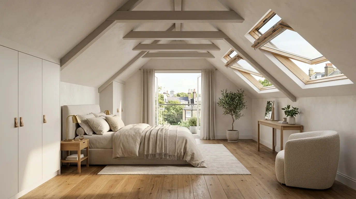 Loft conversion bedroom CGI with rooflights and built-in wardrobes
