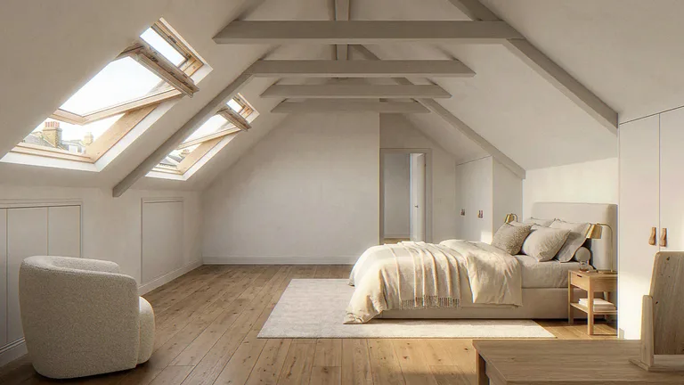Interior CGI of the same loft bedroom from the rear glazing, rooflights and painted purlins