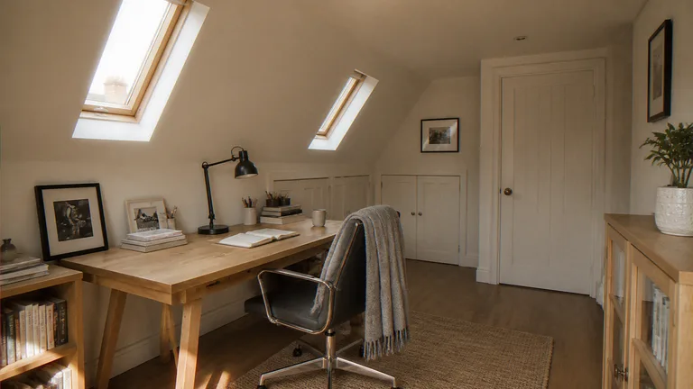 Loft conversion CGI of the same dormer study looking toward the rooflights and eaves