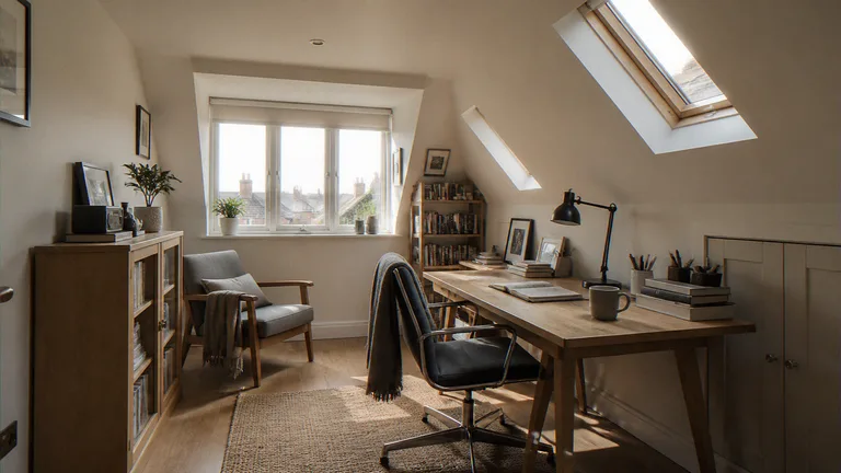 Loft conversion CGI of a dormer study looking toward the dormer and oak desk