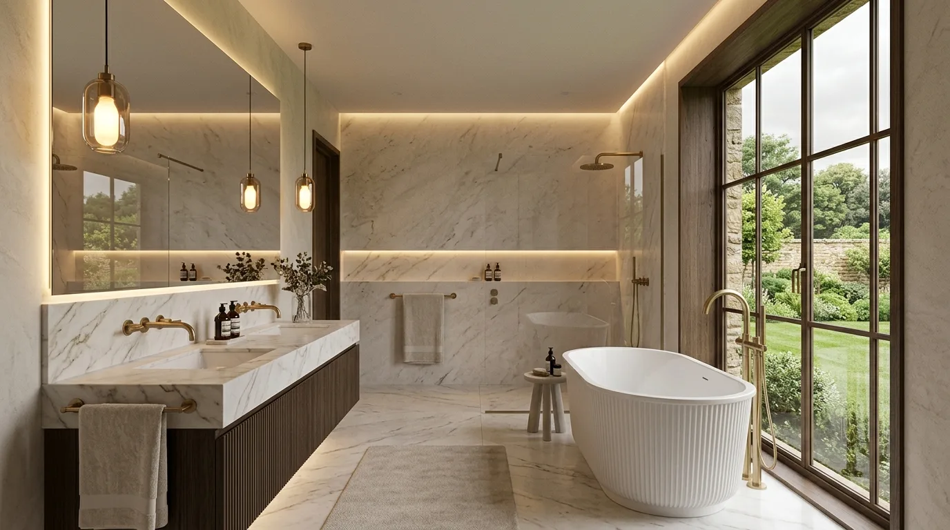 Luxury bathroom interior CGI with marble vanity and freestanding bath