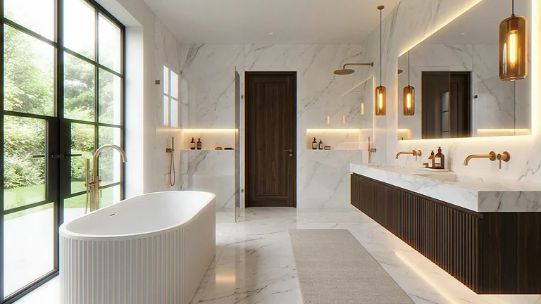 Interior CGI of the same marble bathroom from the bath, double vanity and backlit niches