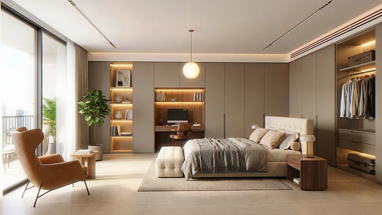 Interior CGI of the same master bedroom suite from the balcony door, wardrobe wall and integrated desk
