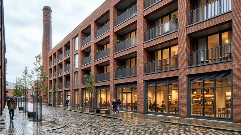 Exterior CGI of the same mixed-use block from the cobbled side street, retail frontage and balconies