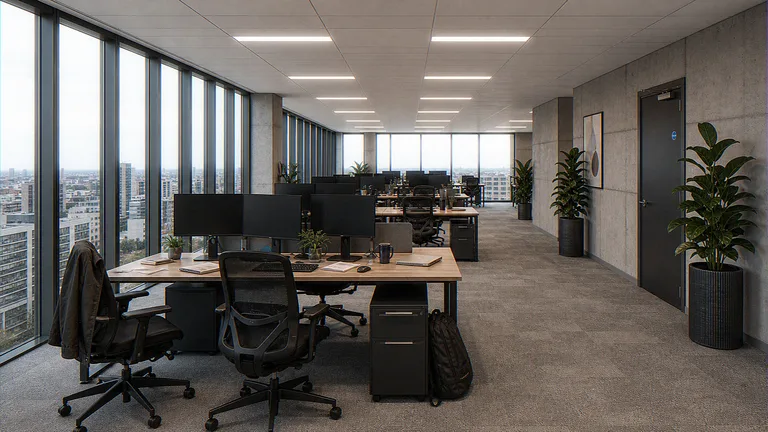 Office CGI of an open-plan workplace with fitted oak desks, facade glass and a core door