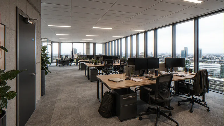 Office CGI of an open-plan workplace with fitted oak desks, ceiling grid and facade glass
