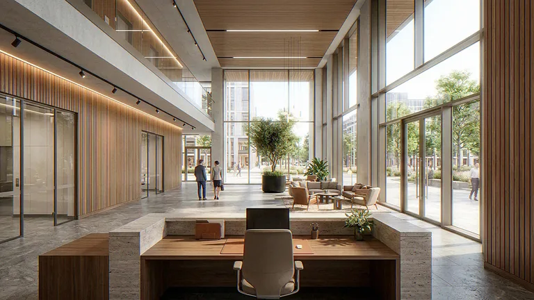 Interior CGI of the same office lobby from behind the reception desk, mezzanine and street glazing