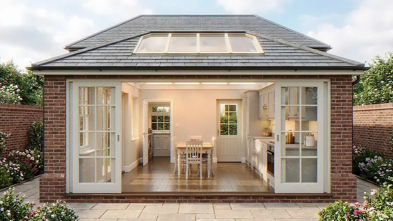 Exterior CGI of the same orangery kitchen extension from the garden, roof lantern and open doors