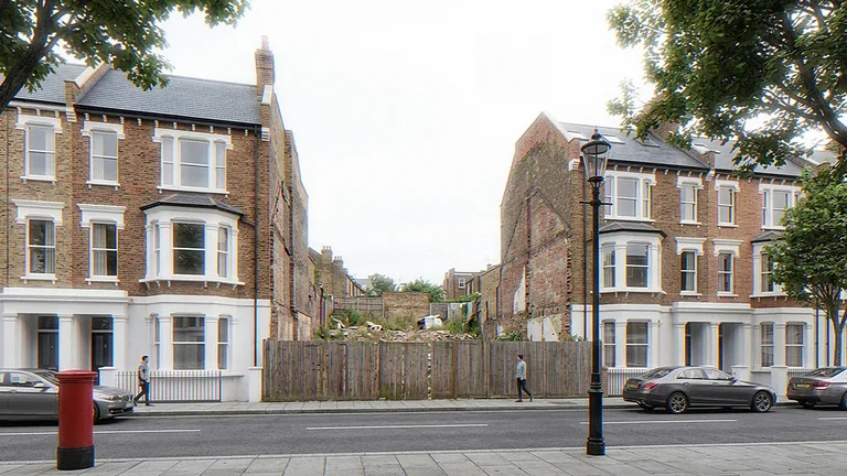 Existing street scene from the same viewpoint, the vacant gap site between Victorian terraces