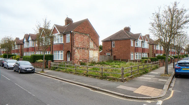 Existing street photograph of a gap-site between red-brick semis