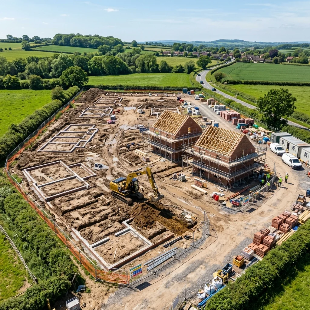 Early-stage aerial drone photo of the same site at groundworks by VisuArchitect