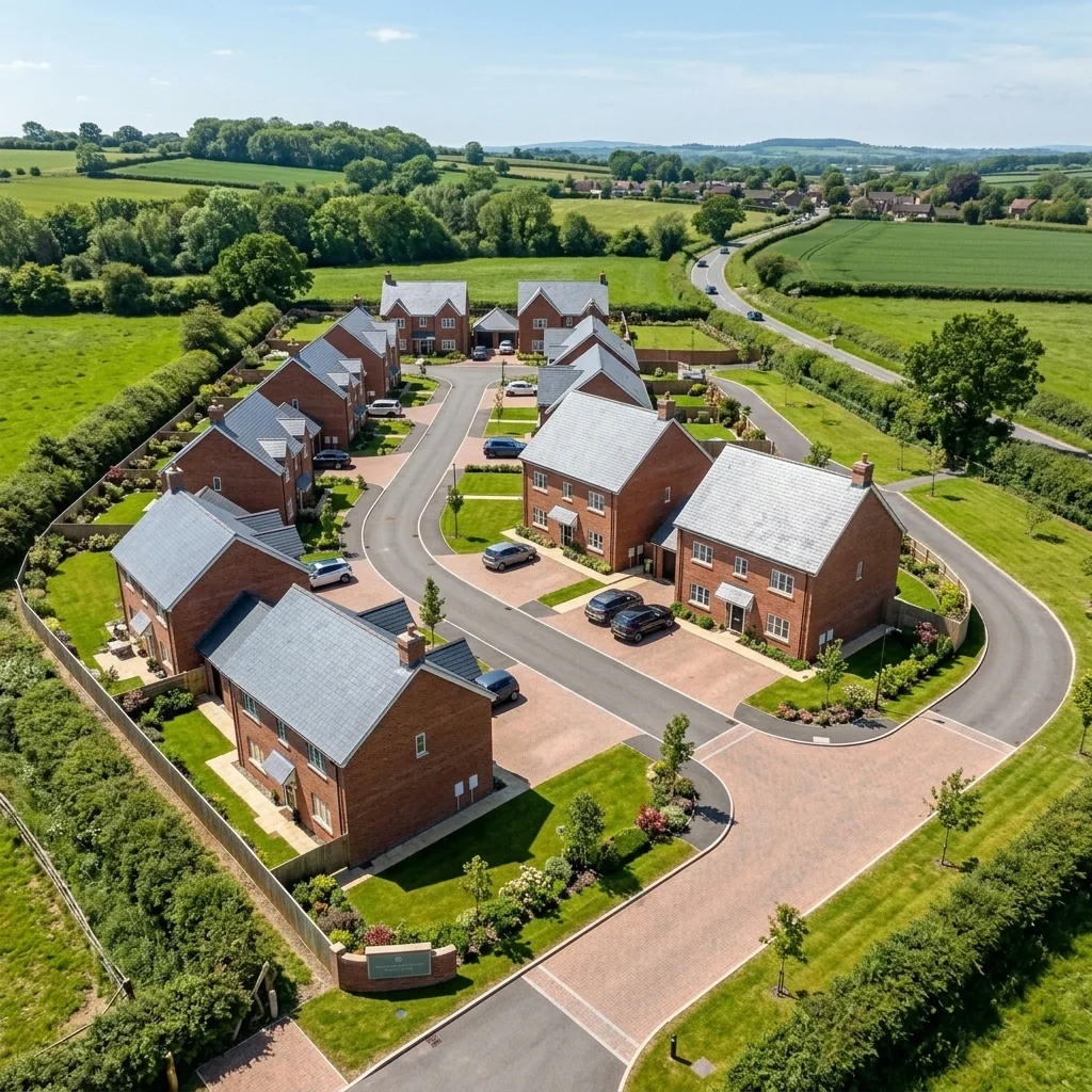 Finished aerial drone photo of the completed housing development by VisuArchitect