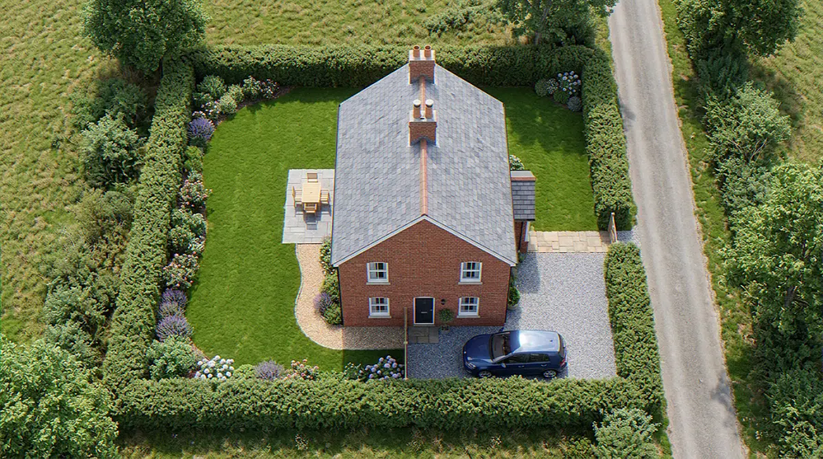 Bird's-eye aerial CGI of a single house by VisuArchitect