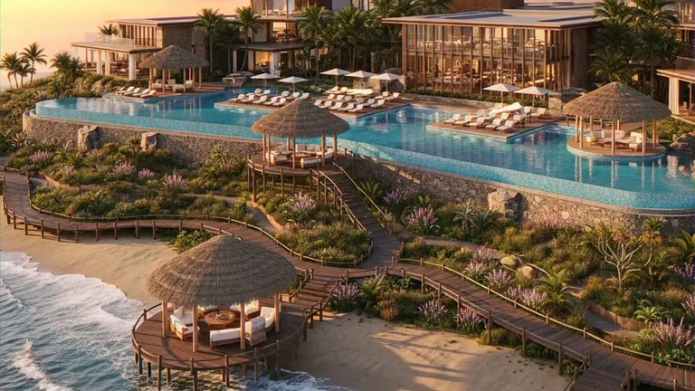 Aerial CGI of a beachfront resort with tiered infinity pools and thatched gazebos