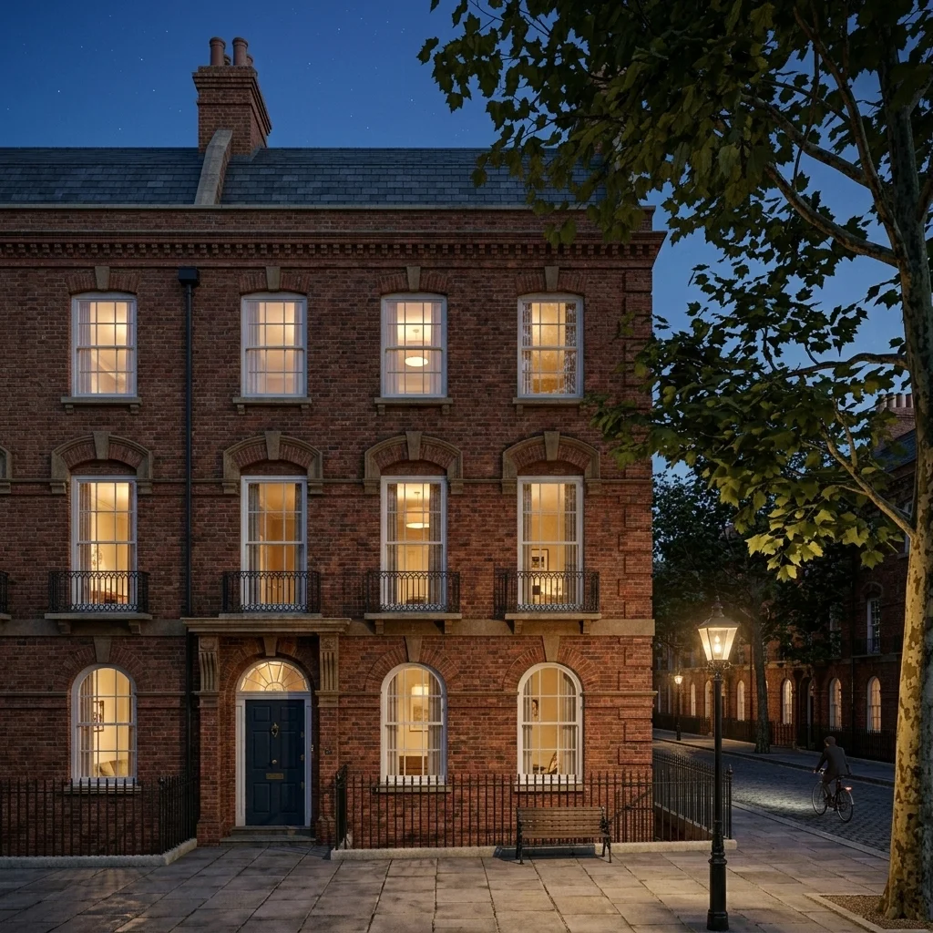 The same townhouse facade at night with illuminated windows and warm street lighting by VisuArchitect