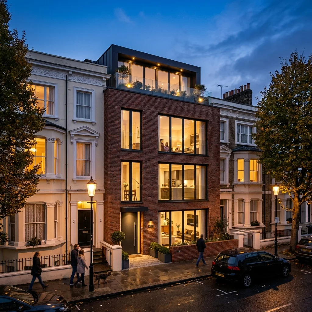 Stunning twilight architectural visualisation of a proposed modern brick townhouse integrated into historic London street context by VisuArchitect