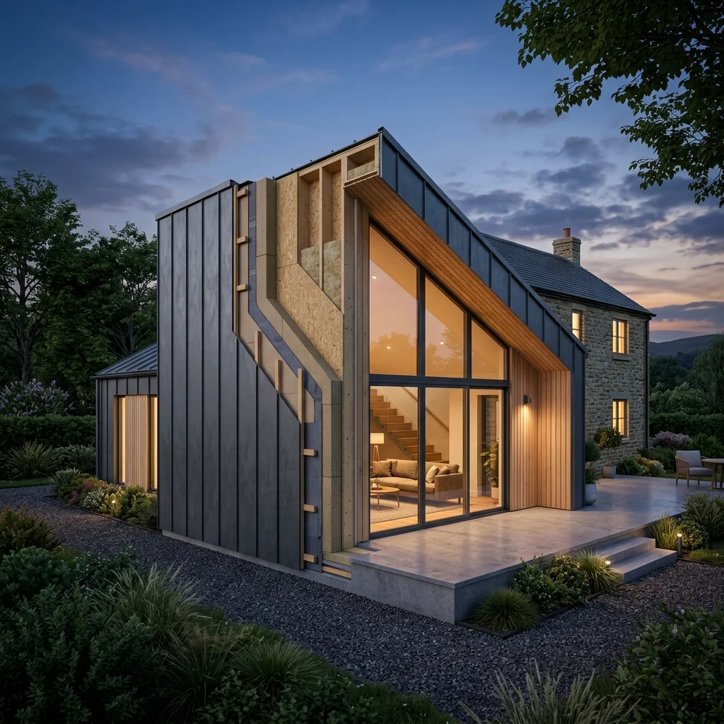 Structured material layers, zinc extension twilight render by VisuArchitect