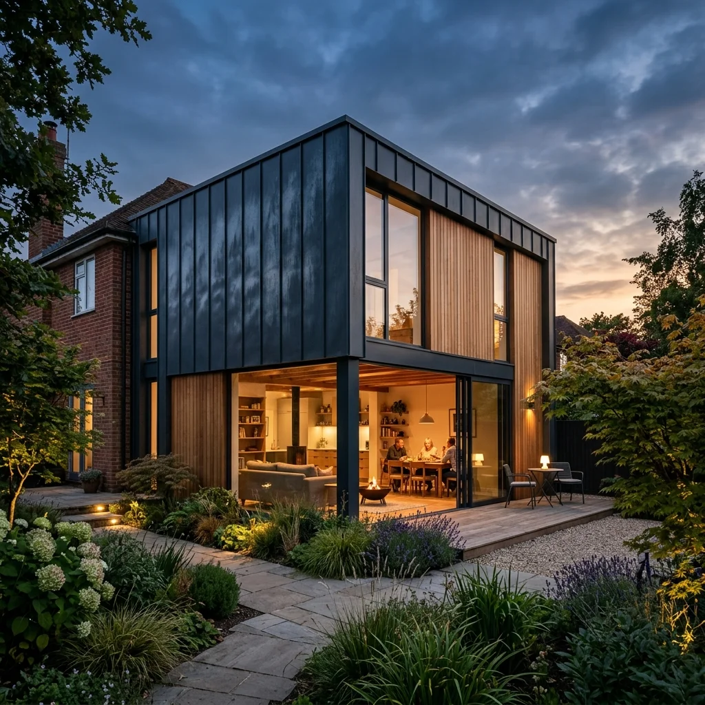Cost-effective CGI from client-supplied 3D model, twilight view of zinc house extension by VisuArchitect