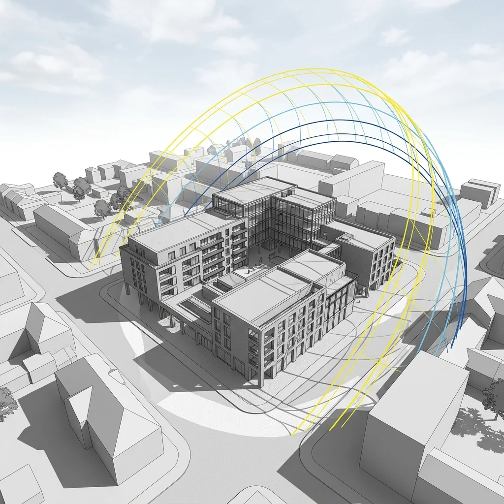 Daylight and sunlight study diagram showing sun path and shadow analysis across a building massing