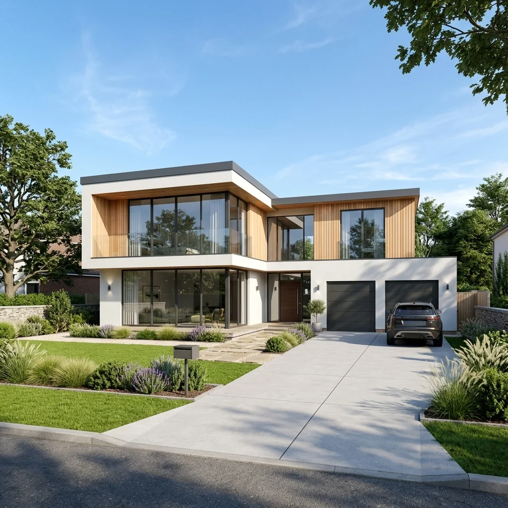 Photoreal exterior CGI of a proposed contemporary house against a clear sky