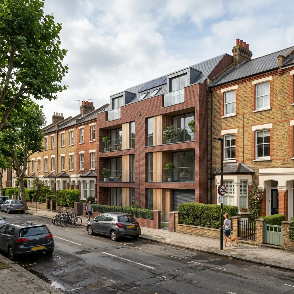 Proposed building composited into a real residential street photograph as a photomontage