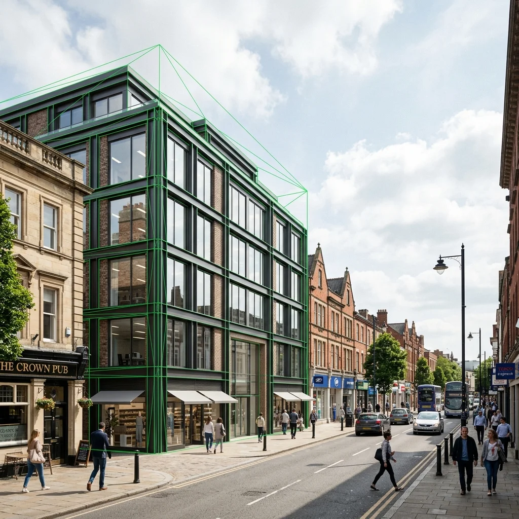 Accurate verified view of a proposed building in street context with a survey wireframe overlay