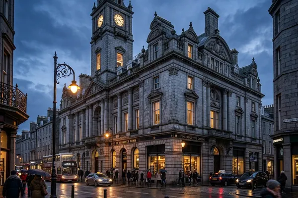 Aberdeen granite CGI Scotland - Rubislaw granite ashlar facade, Aberdeen (Granite City) Union Street context, photoreal CGI