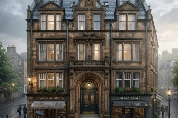 Edinburgh tenement CGI Scotland - common stair, period-fabric tenement-flat conversion in Edinburgh Old Town conservation area, photoreal CGI
