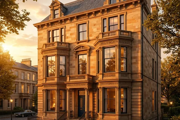 Glasgow sandstone townhouse CGI Scotland - blonde / red sandstone townhouse in Glasgow West End / Park Circus, photoreal CGI