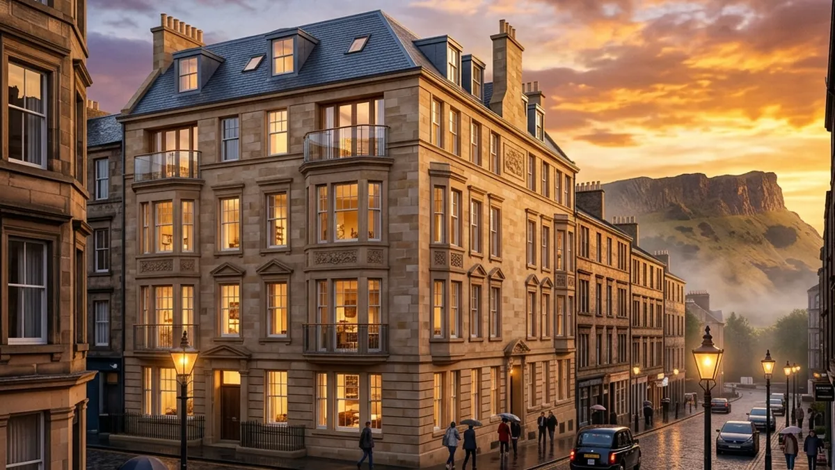 Architectural visualisation Scotland - photoreal CGI of an Edinburgh tenement on the Royal Mile showing common stair entry, sandstone facade and period fabric in Old Town conservation-area context